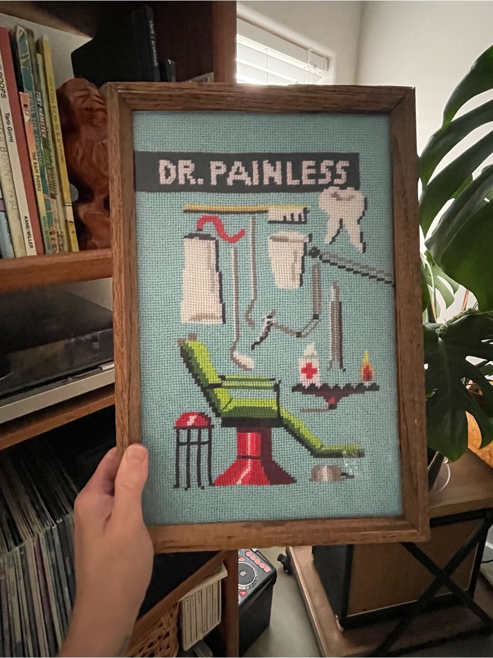 Handcrafted 'Dr. Painless' Cross Stitched Framed Dental Art
